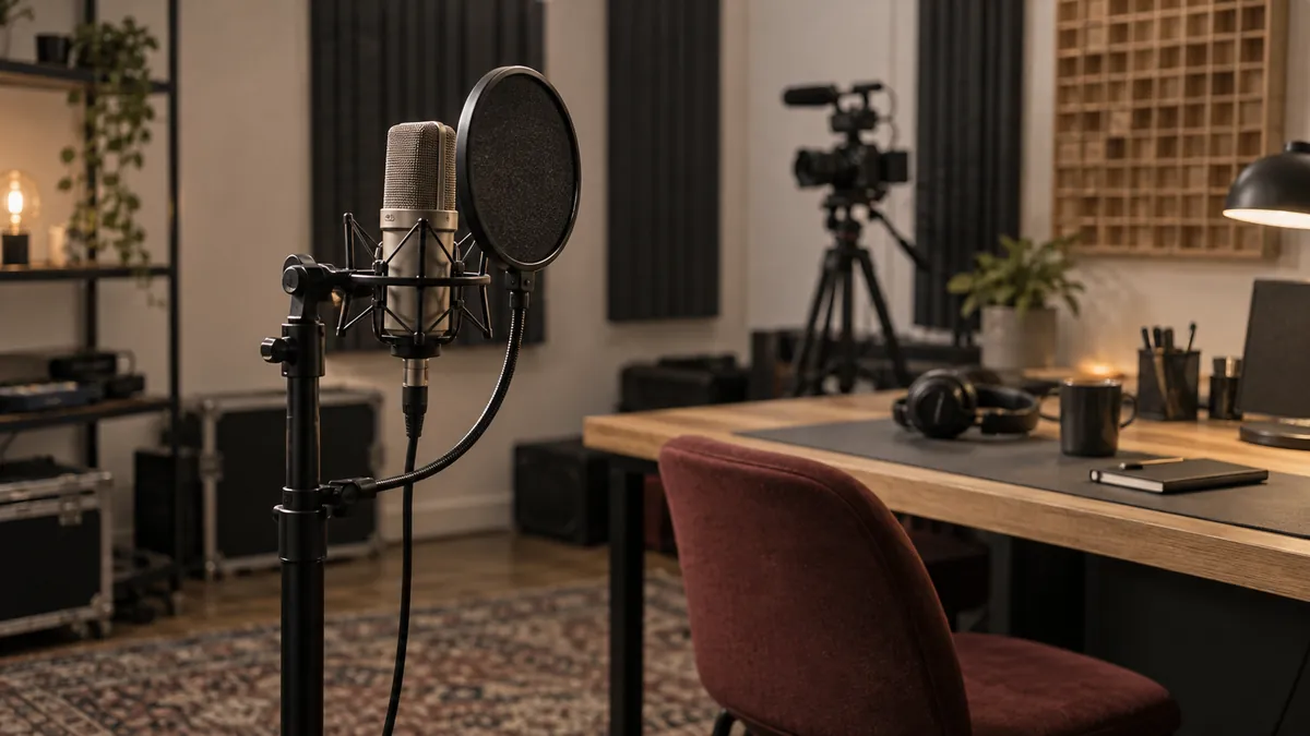 Een microfoon met popfilter en een camera in een algemene lege opnamestudio.