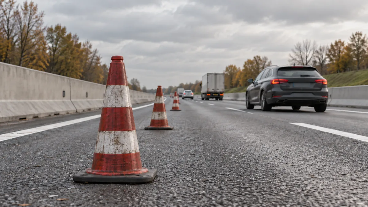 Verkeerskegels langs een rijstrook op een algemene snelweg.
