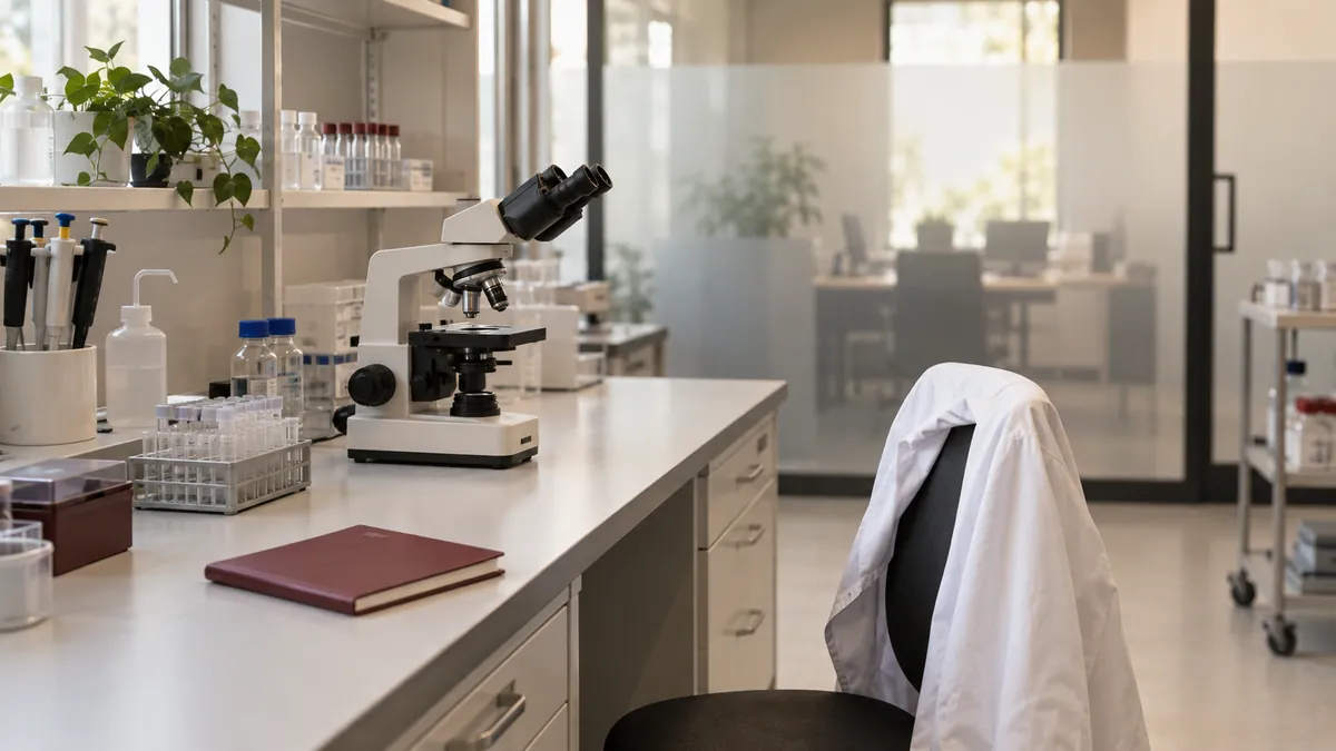 Een microscoop en neutrale onderzoeksmaterialen op een werkbank in een algemeen medisch laboratorium.