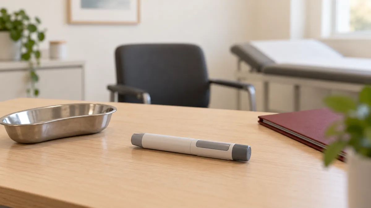 Een gesloten generieke injectiepen op een tafel in een lege spreekkamer.