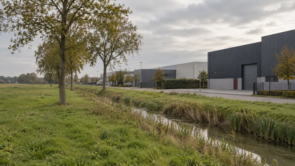 Groen grasland met een sloot en bomen, naast een bedrijventerrein.