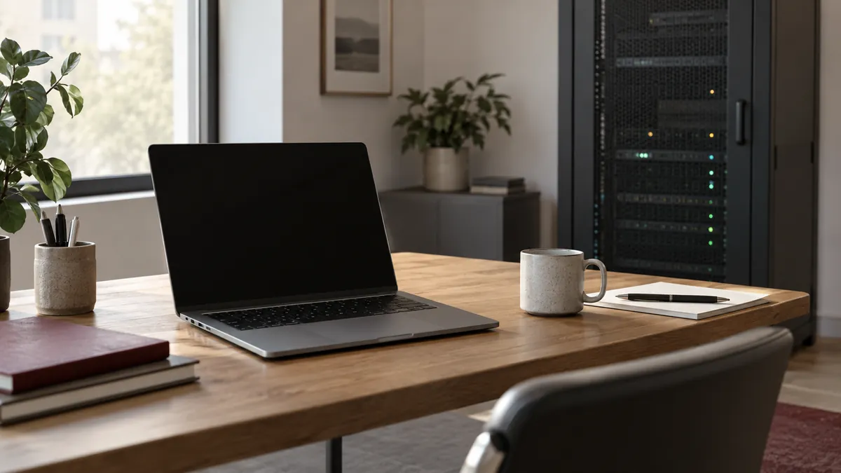 Een laptop op een werktafel met een serverkast op de achtergrond.