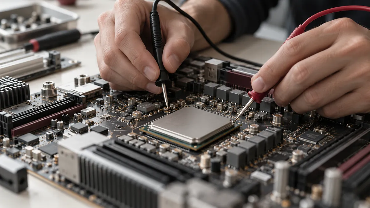 Handen met meetpennen boven een processor en een printplaat.