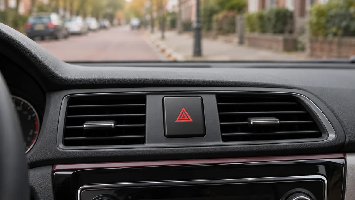 Een alarmlichtknop met een rood driehoekpictogram op een algemeen autodashboard.