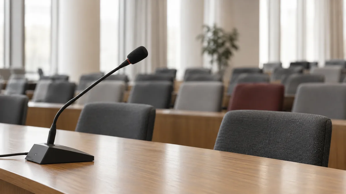 Een conferentiemicrofoon op een tafel in een lege algemene vergaderruimte.