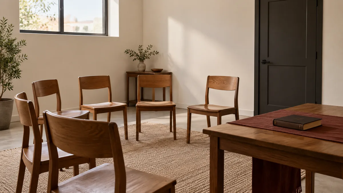Lege houten stoelen in een eenvoudige bijeenkomstruimte met een tafel en een gesloten boek.