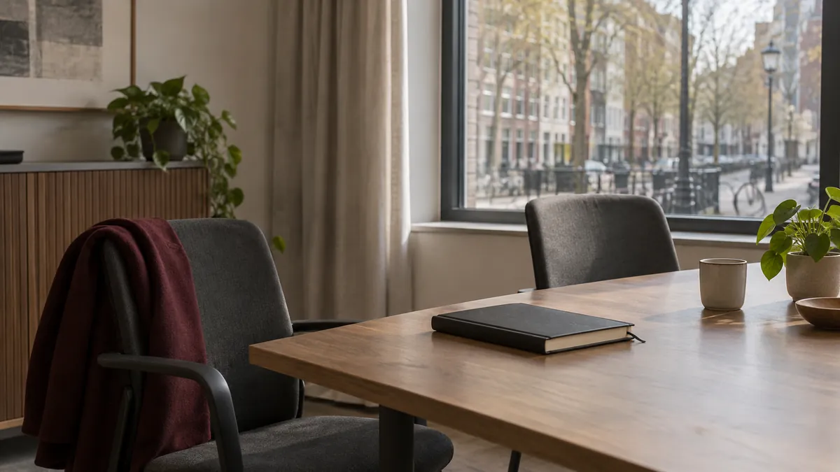 Twee lege stoelen bij een bureau, met een jas over een stoel en uitzicht op een straat.