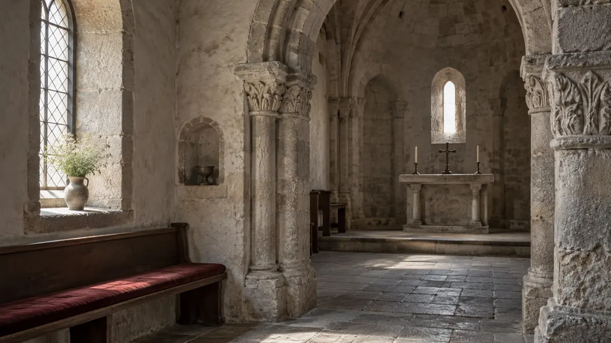 Een algemeen kerkinterieur met oude stenen bogen en zacht daglicht.