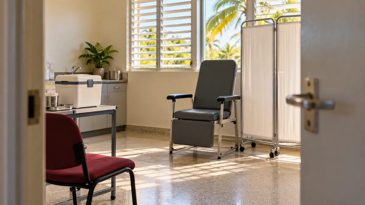 Een lege behandelkamer met medische koelbox in een Caribische omgeving.