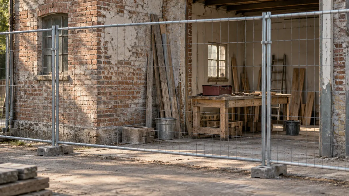 Een algemene renovatiewerkplaats achter een tijdelijk bouwhek.