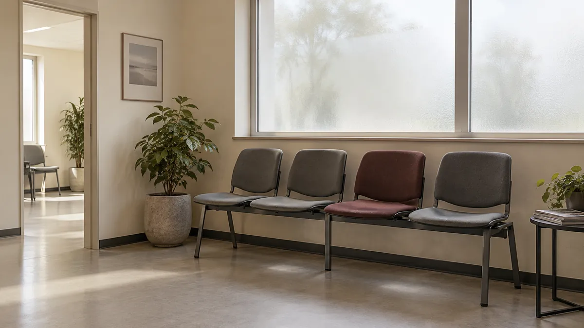 Een rij lege stoelen in een rustige algemene wachtkamer.