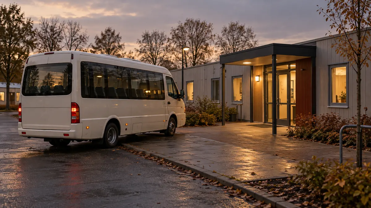 Een lege bus bij een eenvoudige tijdelijke verblijfsruimte in de schemering.