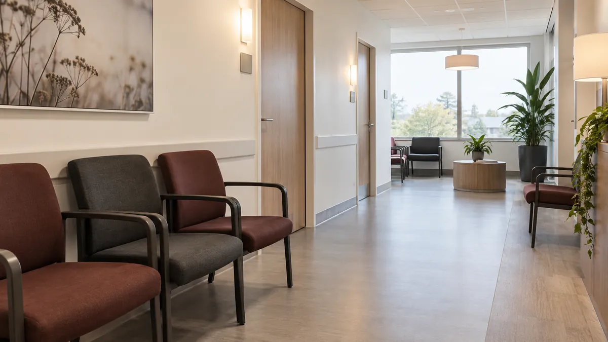 Een algemene ziekenhuiswachtruimte met bordeaux stoelen en deuren naar spreekkamers.