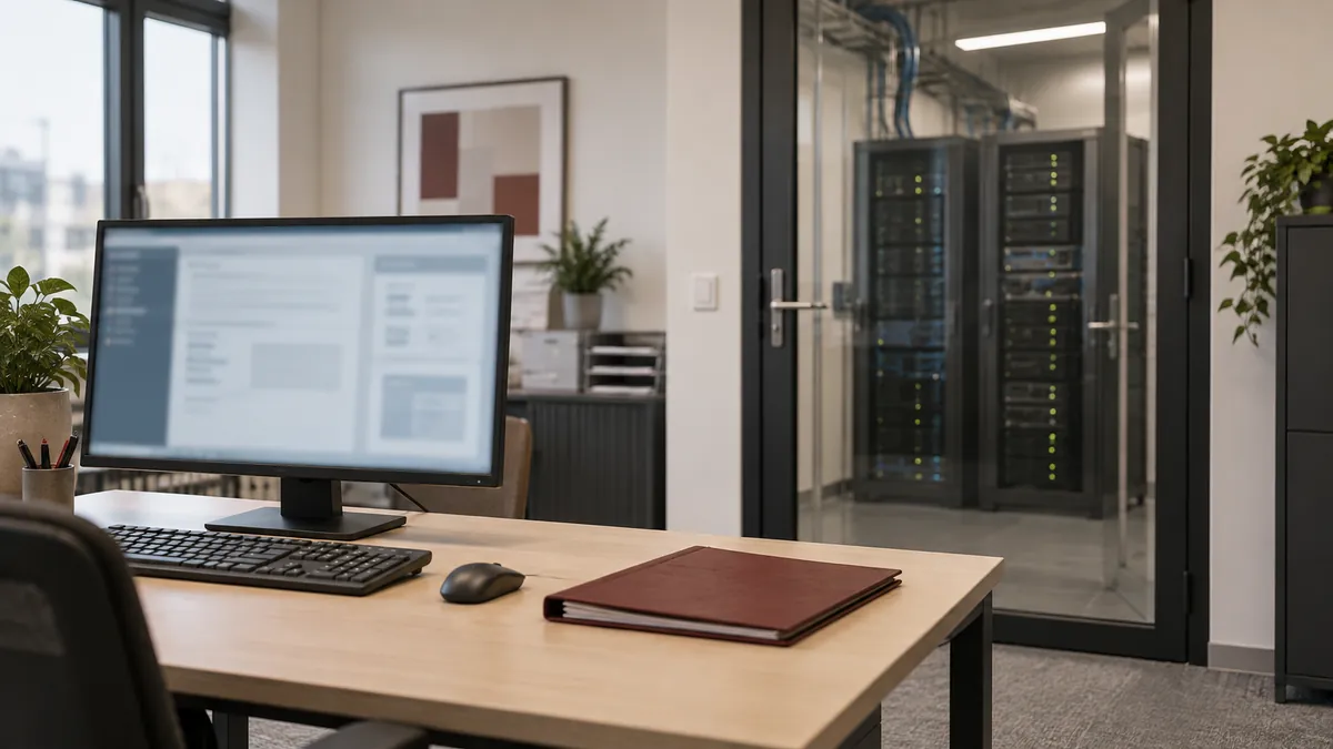 Een bureau met computer en een gesloten map in een algemeen kantoor, met een serverruimte op de achtergrond.
