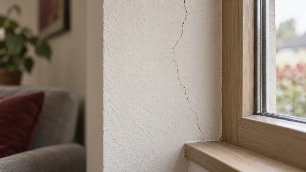 Een bescheiden scheur in een gepleisterde muur naast een raam.
