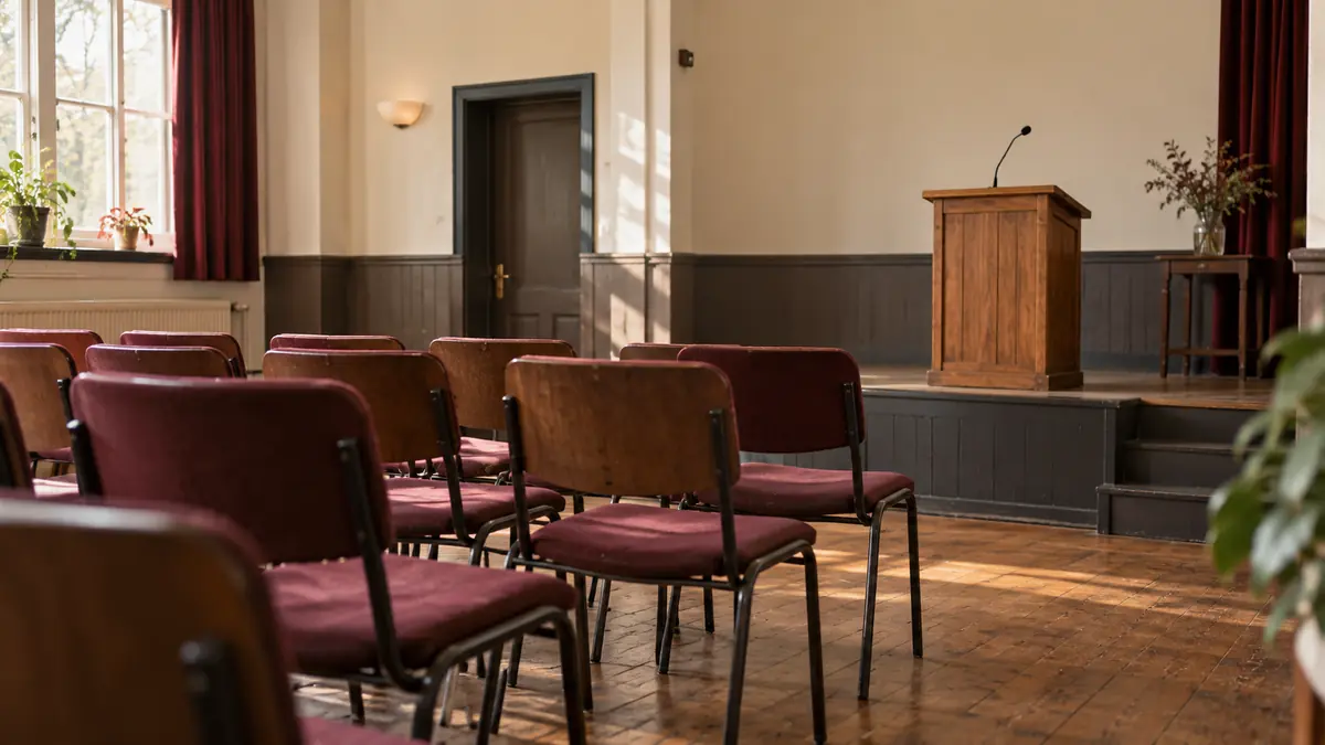 Lege houten stoelen met bordeaux bekleding voor een sober spreekgestoelte in een zaal.