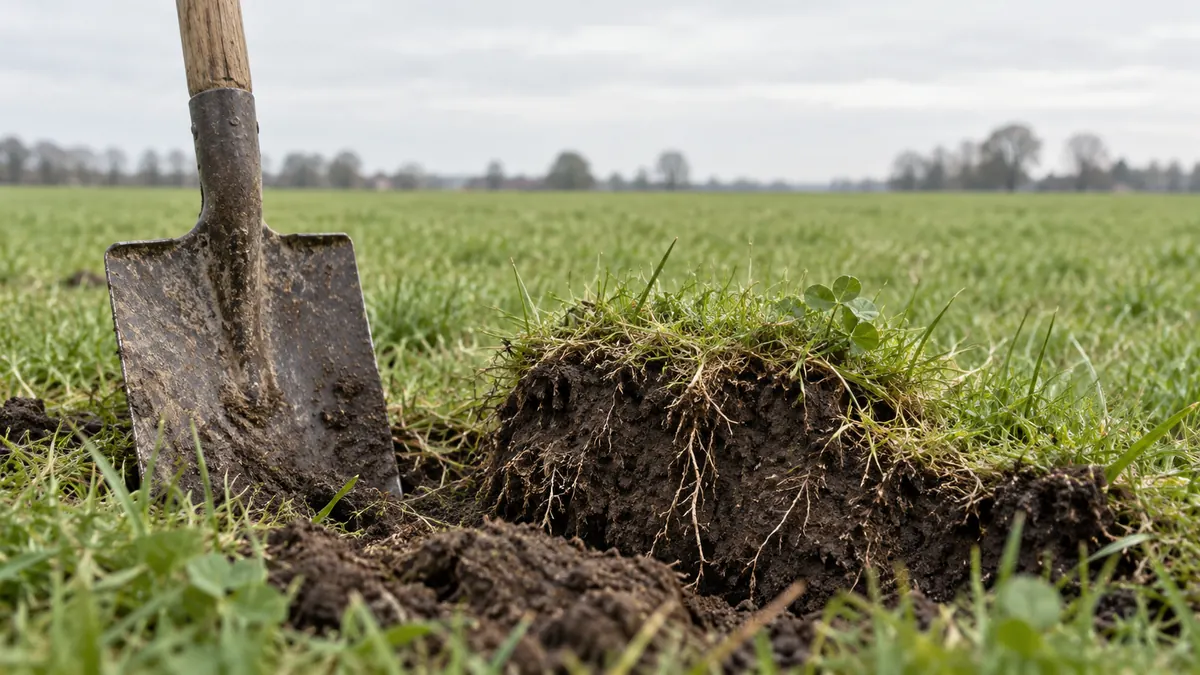 Een spade en een opgelichte graszode met aarde en wortels aan de rand van een weiland.