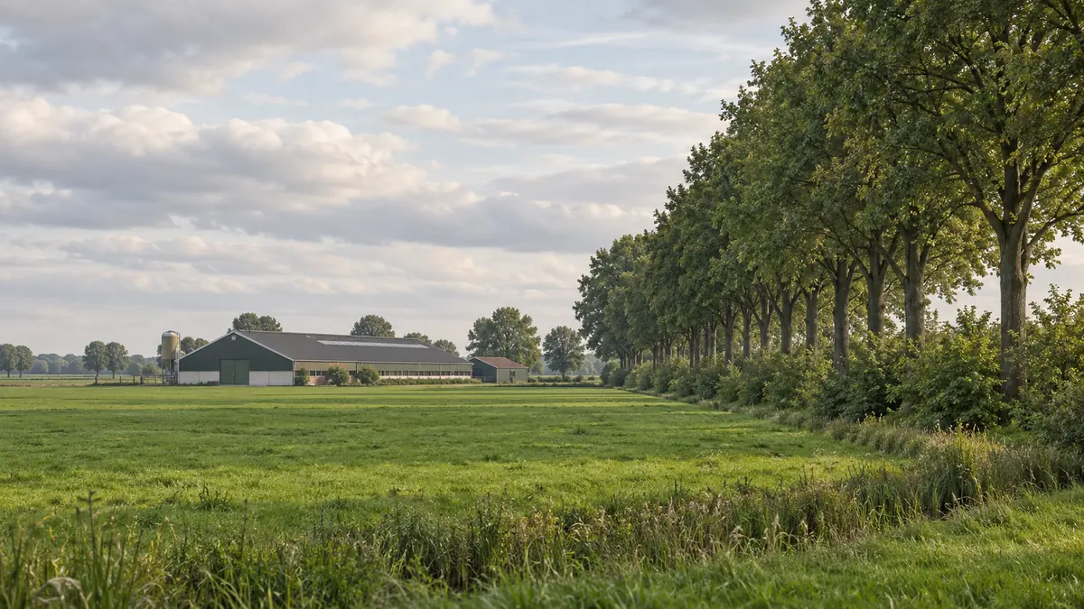 Een algemene veestal naast een weiland met een volwassen bomenrij.