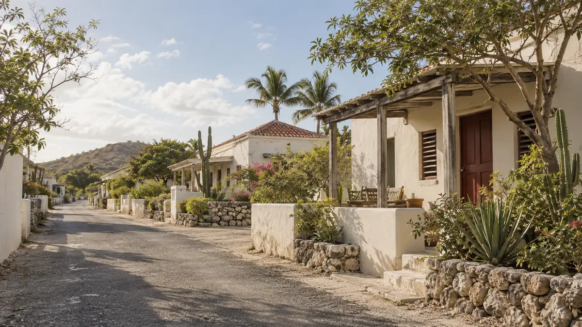 Een algemene Caribische woonstraat met lage gepleisterde huizen en veranda’s.
