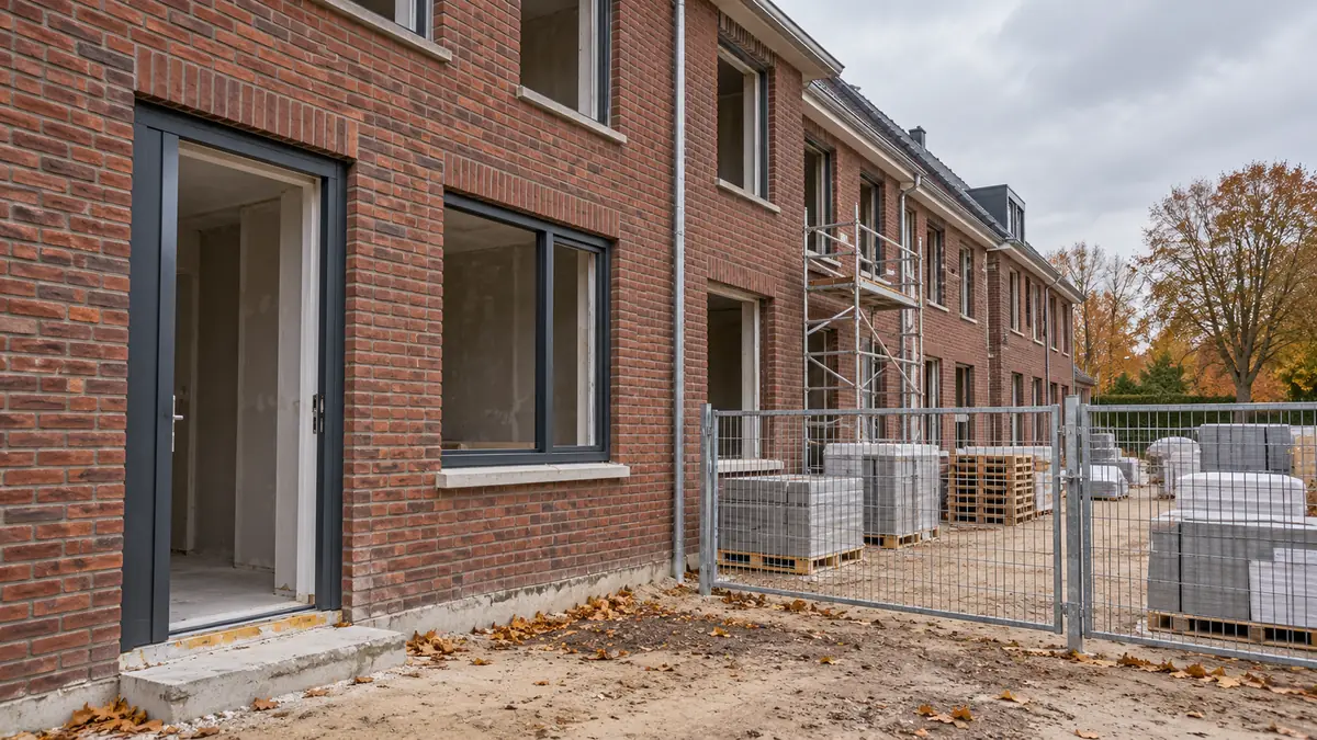 Onvoltooide bakstenen nieuwbouwwoningen met opgeslagen bouwmaterialen achter een tijdelijk hek.