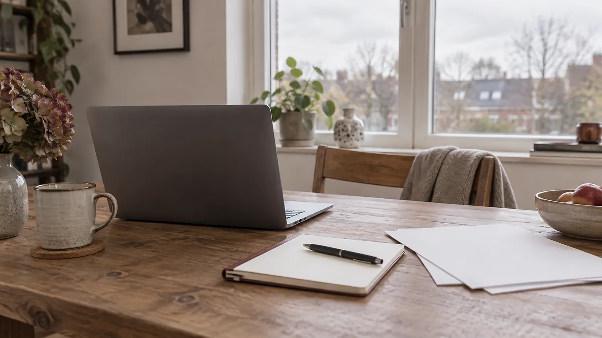 Een laptop, blanco notitieboek en pen op een eenvoudige tafel bij het raam.