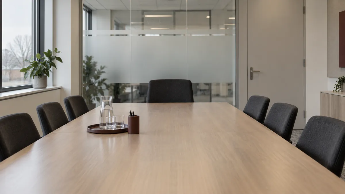 Lege stoelen rond een vergadertafel in een algemene kantoorruimte.