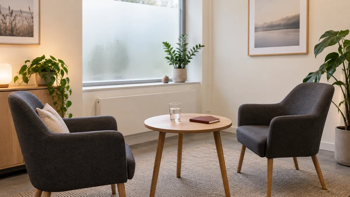 Twee stoelen in een rustige, algemene spreekkamer.