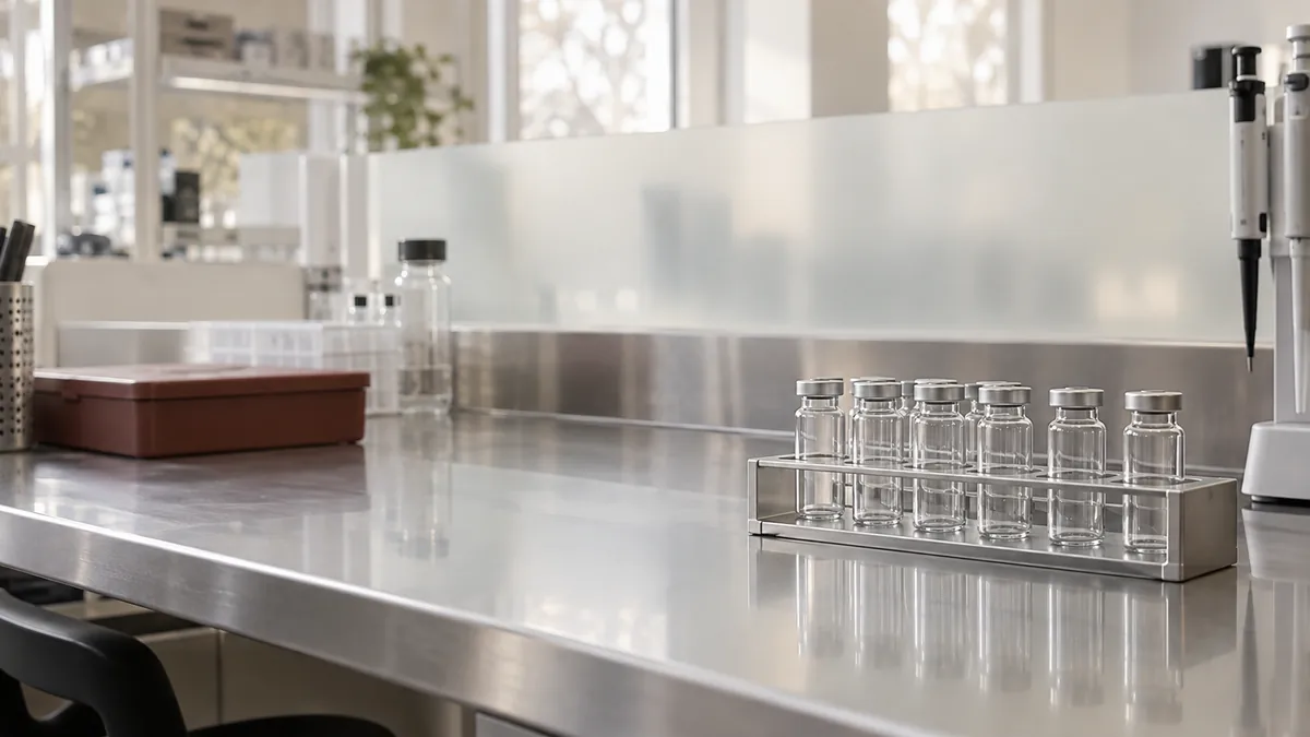 Lege glazen flesjes op een algemene laboratoriumwerkbank.