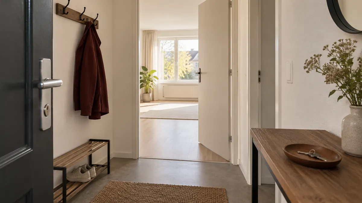 Een eenvoudige woningentree met kapstok, jas en een sleutel op een tafel.