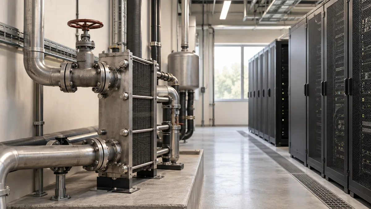 Een waterleiding en afsluiter naast serverkasten in een algemene technische ruimte.