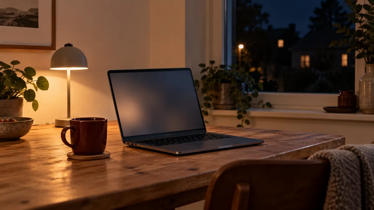 Een laptop en een mok op een verlichte tafel terwijl het buiten donker is.