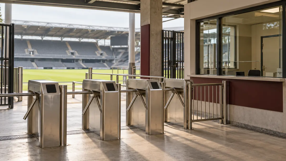 Algemene stadioningang met toegangspoortjes en een loket ernaast.