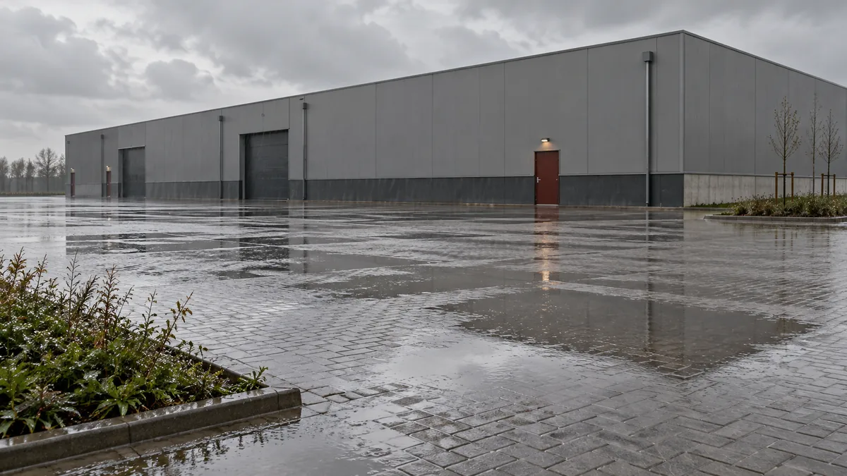 Ondiepe regenplassen op de bestrating bij een algemeen magazijngebouw.