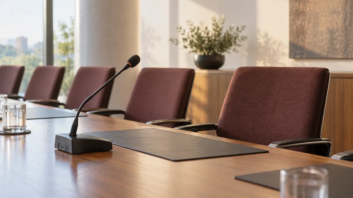 Een microfoon bij een lege plaats aan een algemene conferentietafel.