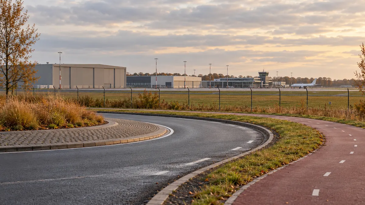 Een openbare toegangsweg en fietspad langs een regionale luchthaven.