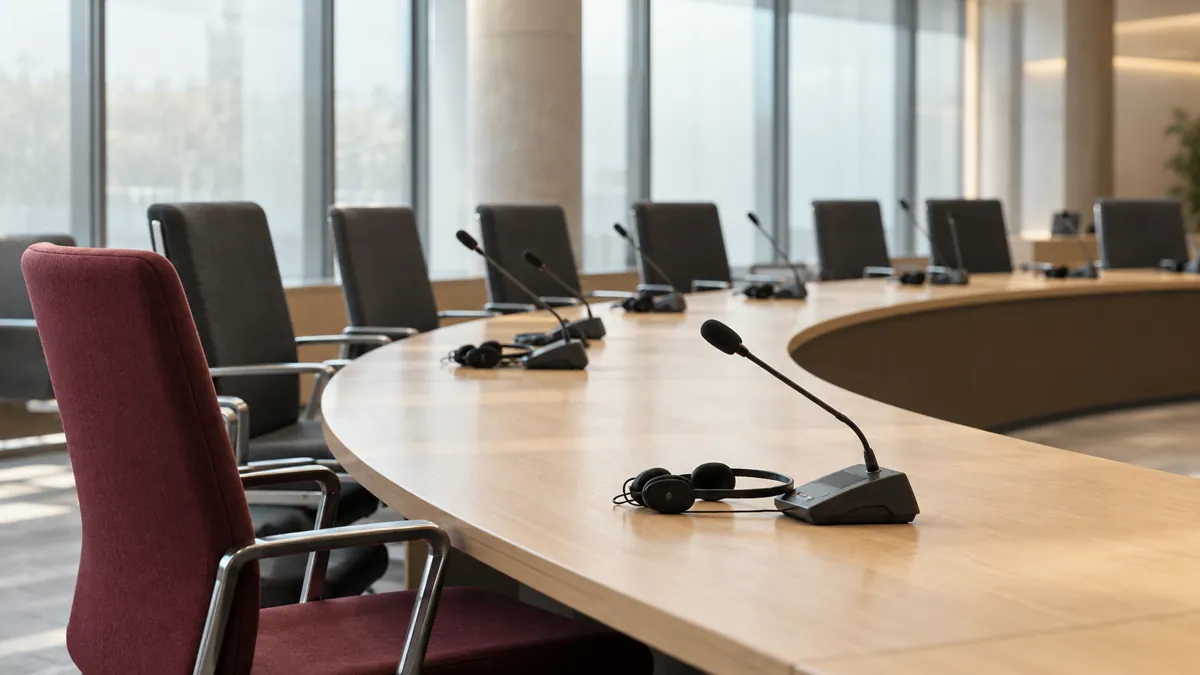 Lege stoelen, microfoons en koptelefoons rond een vergadertafel.