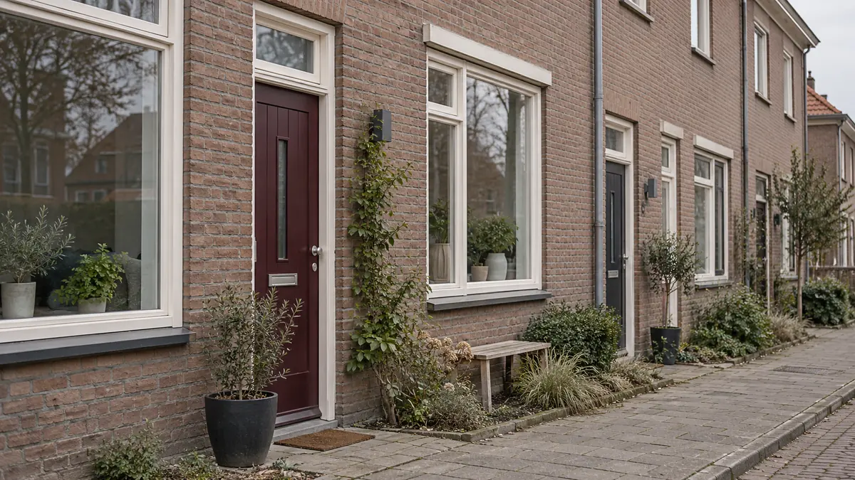 Gevels en voordeuren van een rij Nederlandse bakstenen woningen.