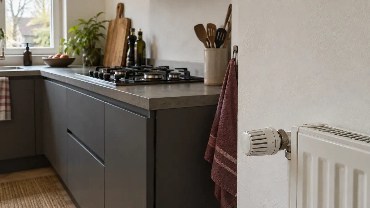 Een radiator en een uitgeschakelde gaskookplaat in een gewone keuken.