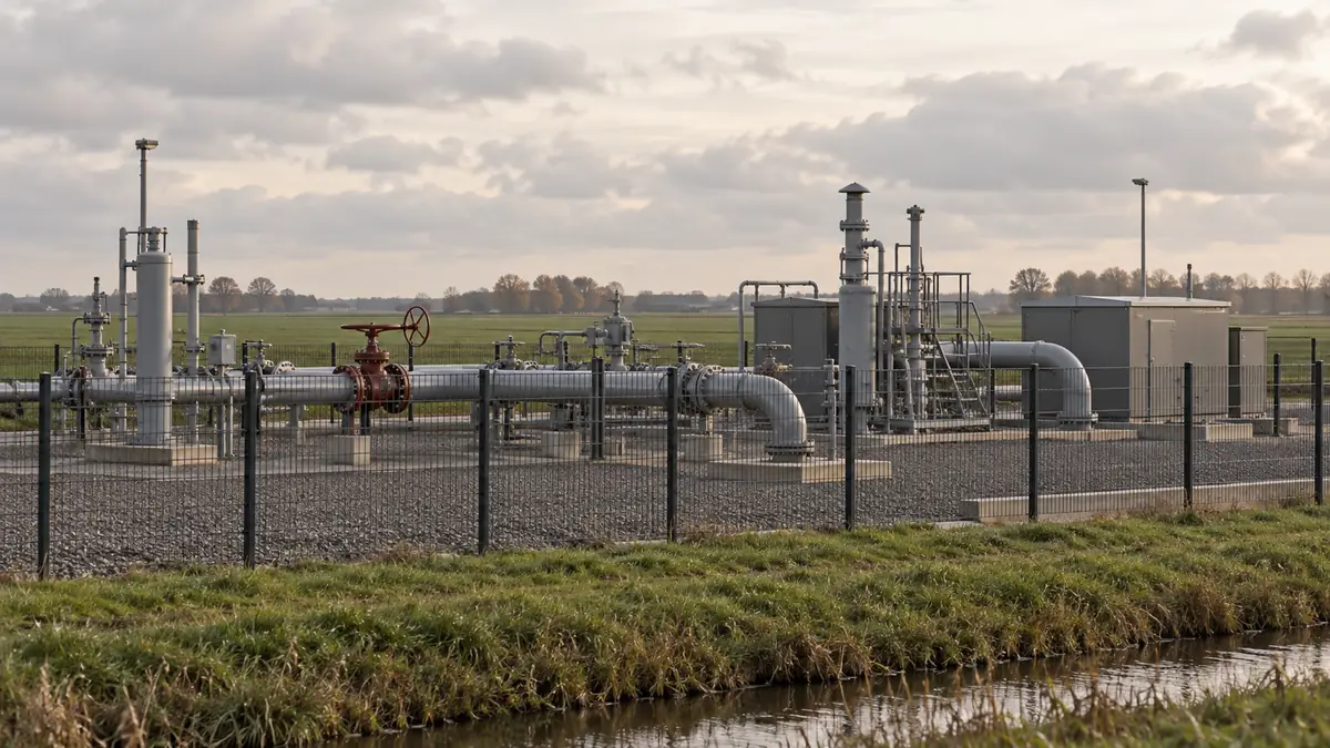 Metalen leidingen en afsluiters achter een hek in een vlak landschap.