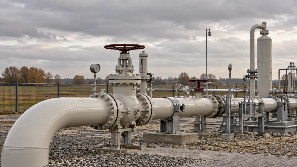 Algemene gasinstallatie met metalen buizen en afsluiters op een rustige bewolkte dag.