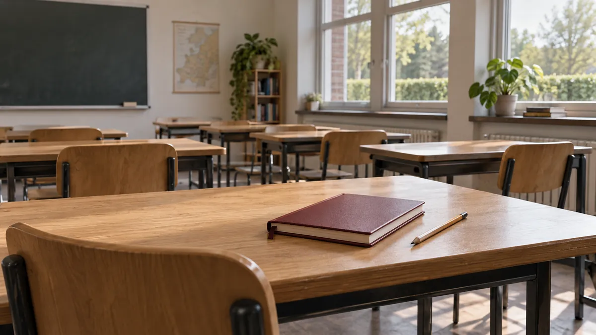 Een leeg algemeen klaslokaal met houten schooltafels, stoelen en een gesloten bordeauxkleurige agenda.
