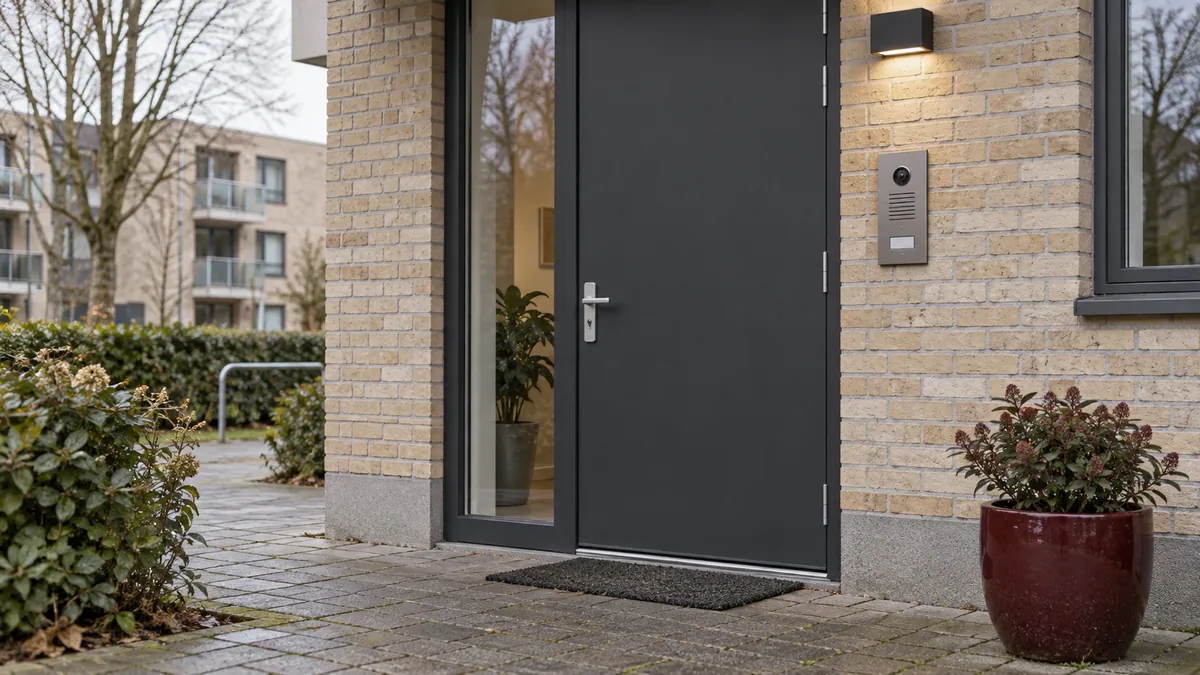 Gesloten voordeur met intercom bij een rustige, alledaagse woonentree.