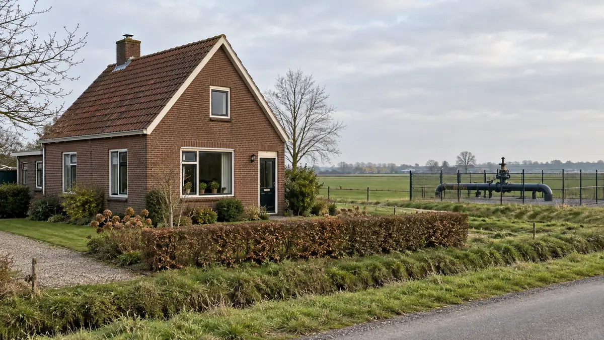 Een algemeen bakstenen woonhuis in een vlak landschap, met een gasleiding achter een hek op afstand.