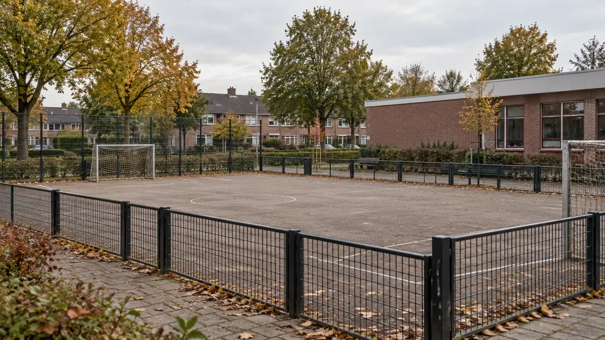 Een lege voetbalkooi bij een eenvoudig buurtgebouw tussen woonhuizen.