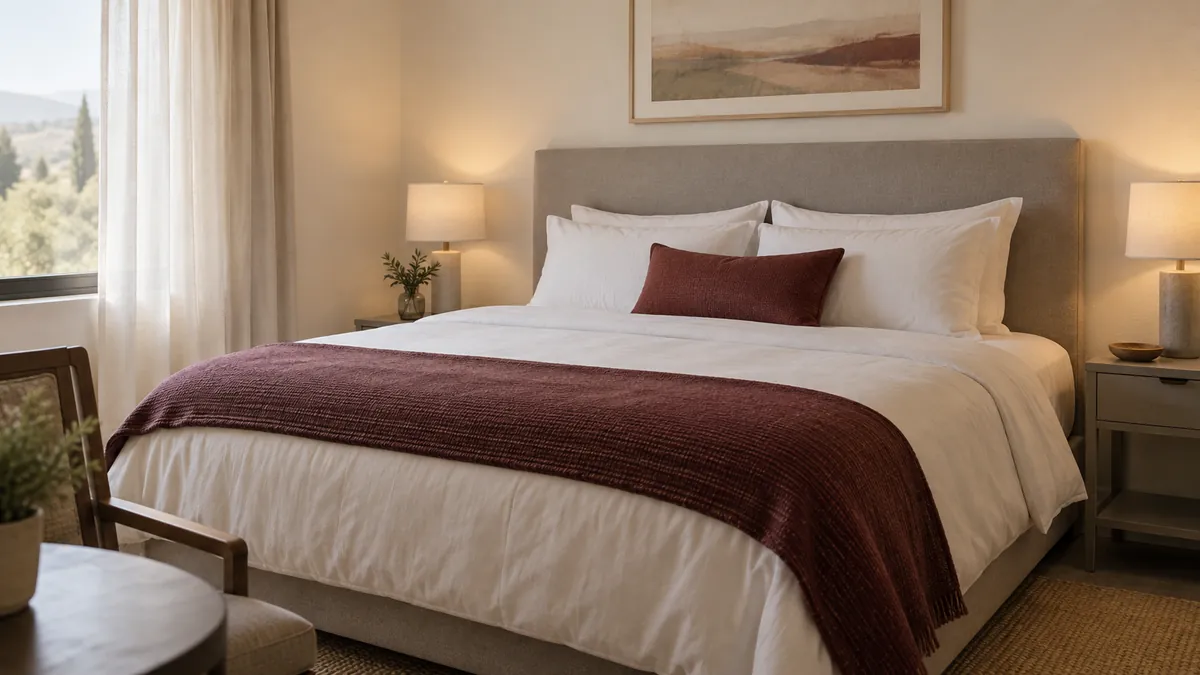 Een algemene hotelkamer met licht bedlinnen en een bordeauxkleurige plaid.