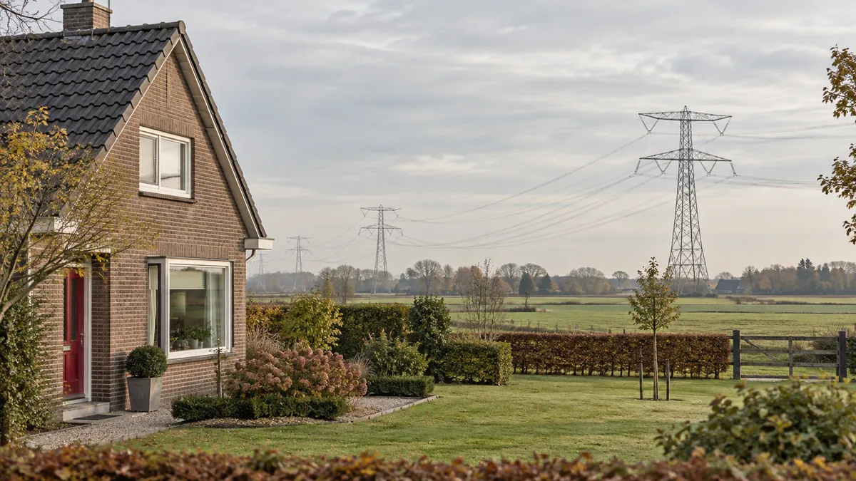 Een woning aan de rand van een dorp met hoogspanningsmasten in het landschap.