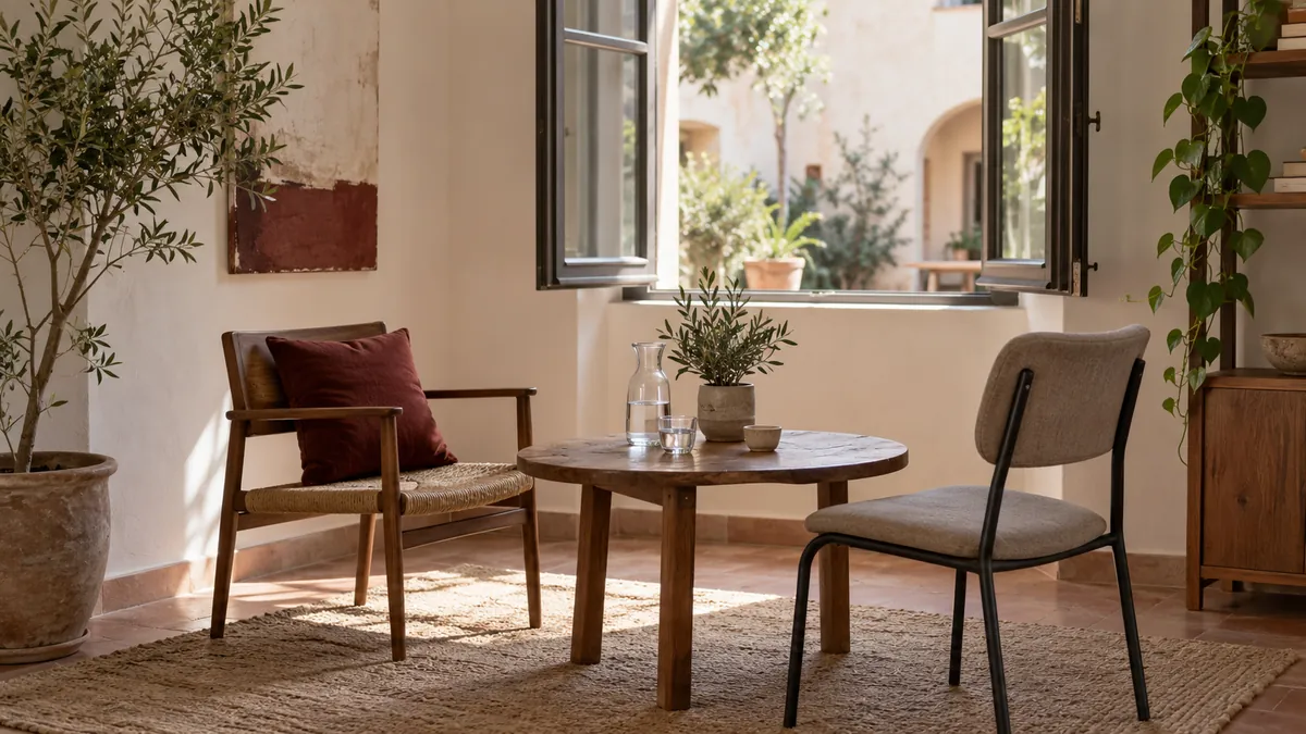 Twee stoelen aan een tafel in een eenvoudige gespreksruimte met uitzicht op een binnenplaats.