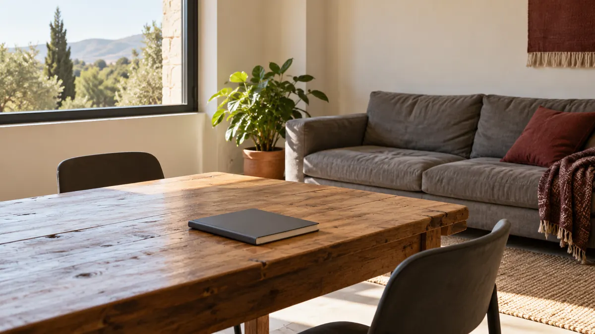 Een algemene gemeenschappelijke ruimte met een tafel, stoelen en een bank.