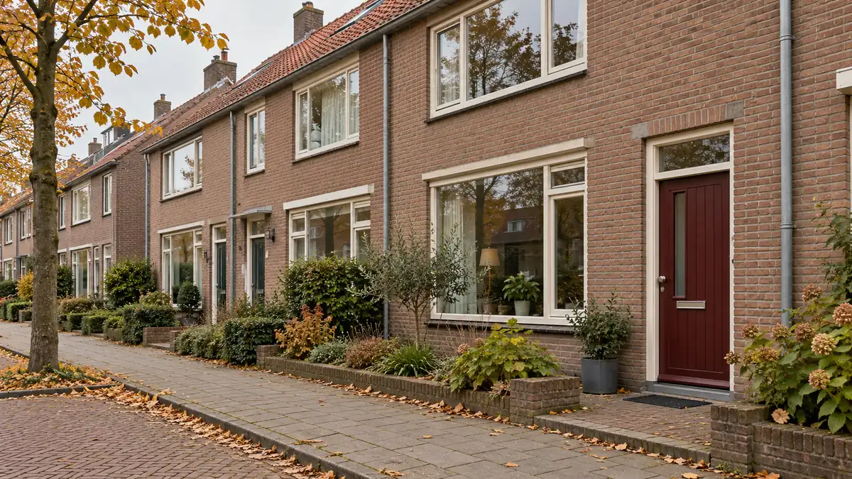 Bakstenen rijwoningen langs een Nederlandse woonstraat met herfstbomen.