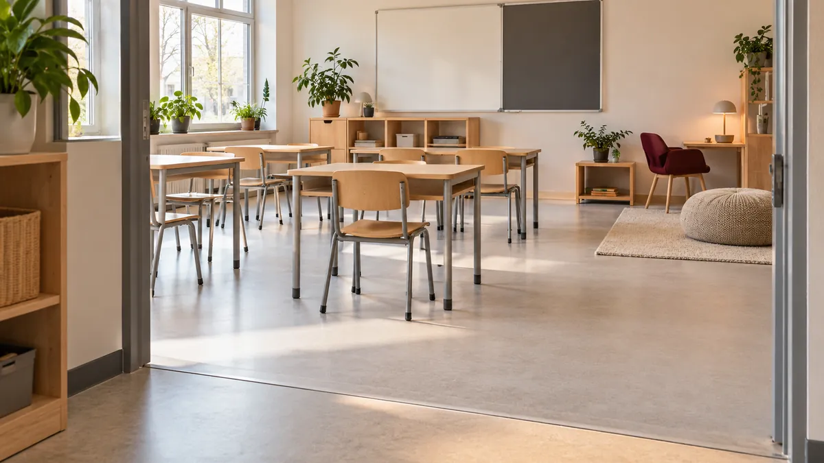 Een leeg klaslokaal met een brede doorgang, houten tafels en een rustige werkhoek.